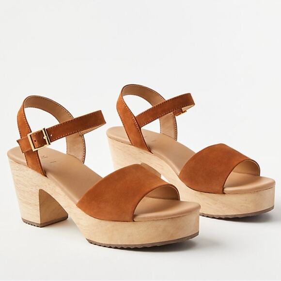 Ann Taylor LOFT Shoes - Ann Taylor LOFT Cognac Suede Leather Wooden Platform Clog Sandals Size 7.5 NIB